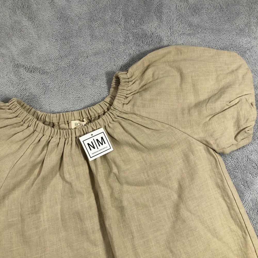 Roolee Top Women's Small Ivory Tan Linen Puff Short Sleeve Elastic Neck NEW